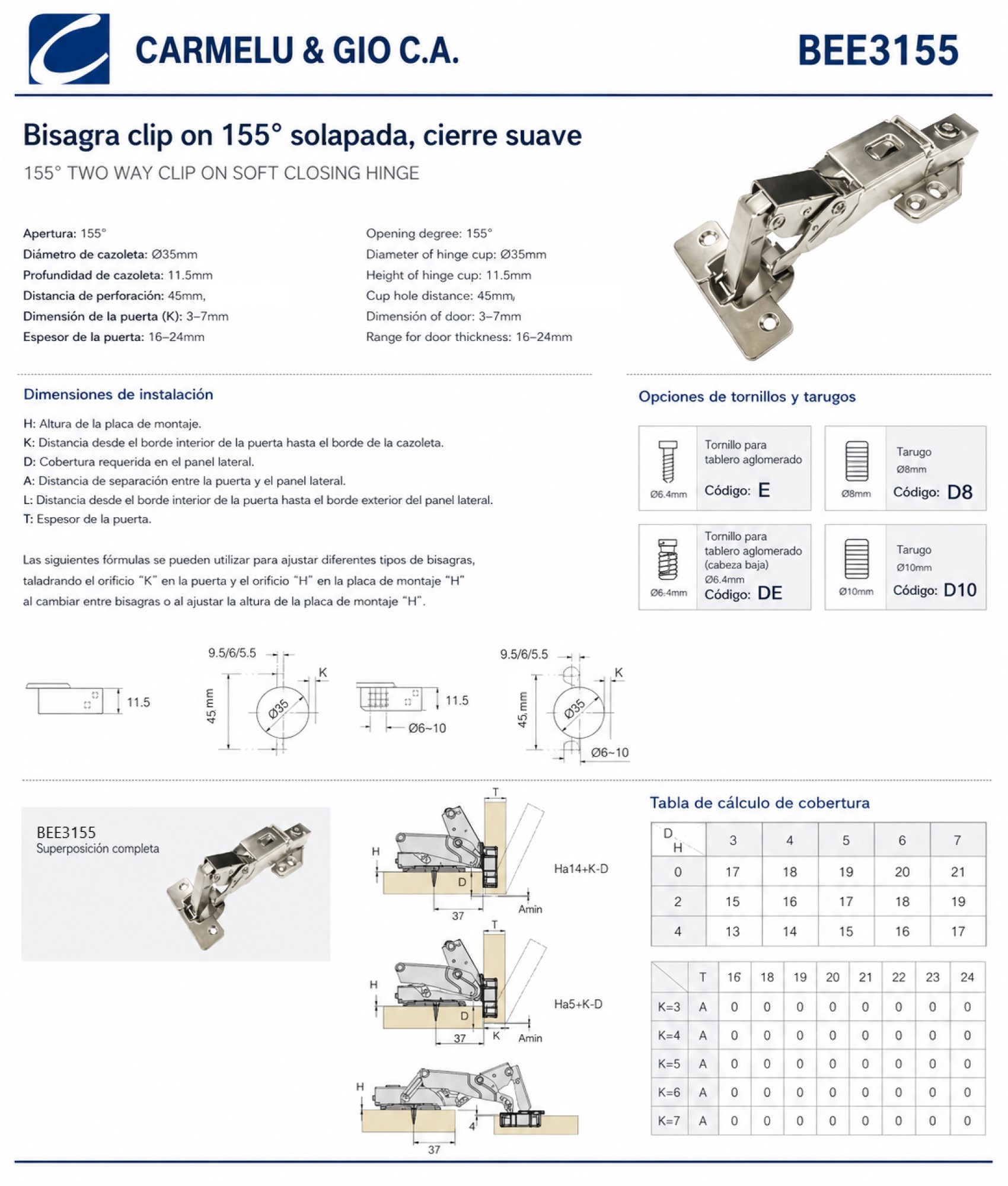 Bisagra clip on 155° solapada, cierre suave - Imagen 7