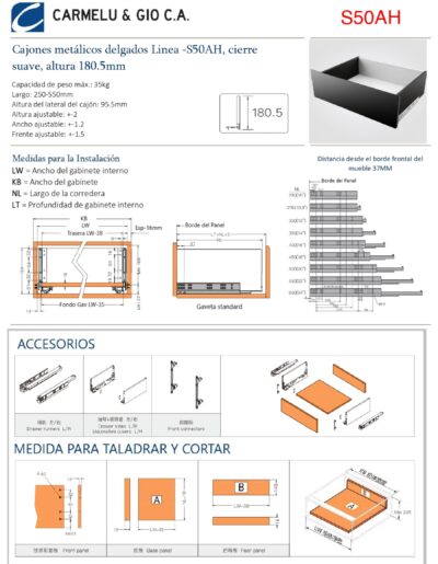 Sistema de Cajón delgado de doble pared S50A, con ajuste 4D, Cierre suave, altura 180.5mm. - Imagen 5